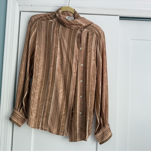 Christian Dior separates Brown Striped Blouse Silk with Bow Tie- size 10 - Picture 5 of 6